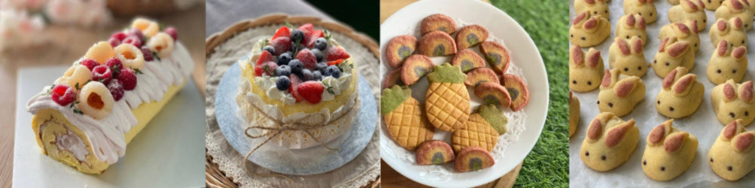 Collection of various desserts including a fruit roll-up, a cake with berries, pineapple-shaped cookies, and bunny-shaped pastries.